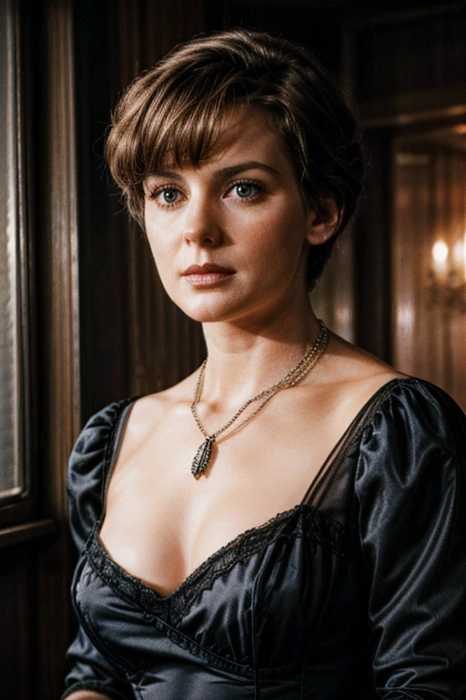 hyperrealistic photo of an attractive woman, looking at viewer, circa 1880s, industrial revolution era, dark room, noreen corcoran, short hair, old vintage movie scene, grainy film, vintage hollywood film, jewelry, necklace, off-shoulder black dress, cleavage, dim lighting, film grain, movie still, movie screenshot
