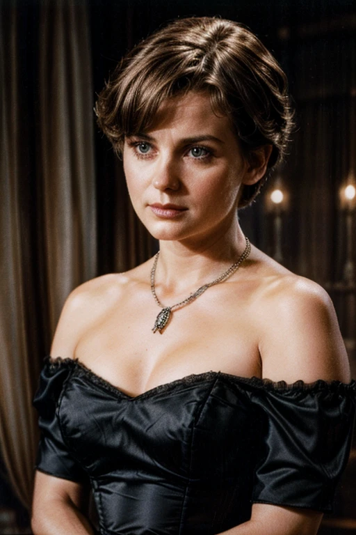 hyperrealistic photo of an attractive woman, looking at viewer, circa 1880s, industrial revolution era, dark room, noreen corcoran, short hair, old vintage movie scene, grainy film, vintage hollywood film, jewelry, necklace, off-shoulder black dress, cleavage, dim lighting, film grain, movie still, movie screenshot
