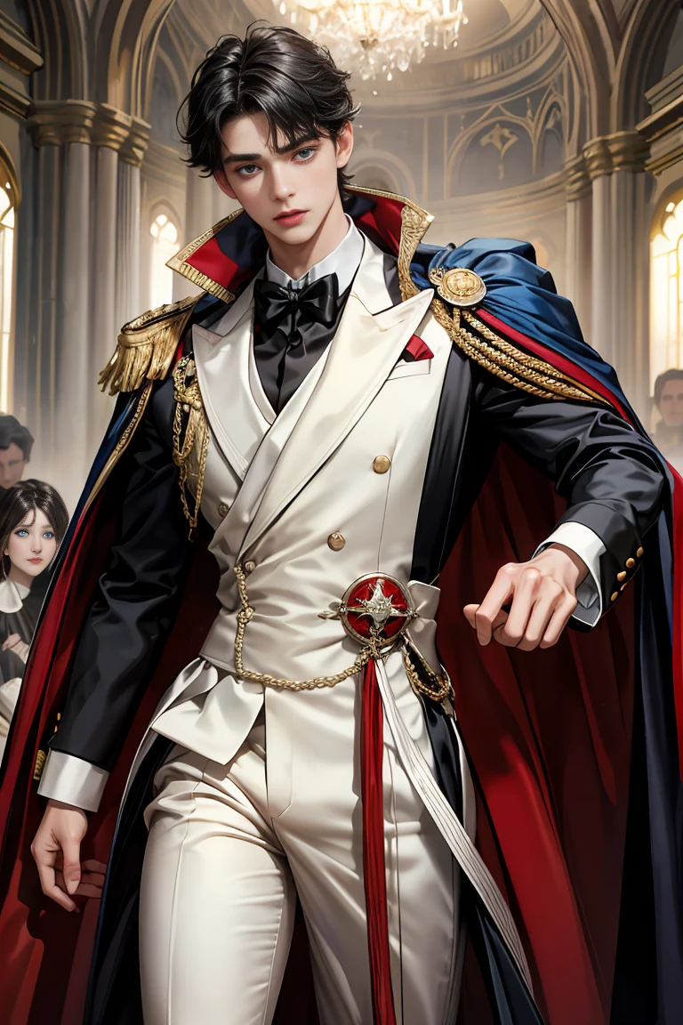 masterpiece, 最high quality, high quality, 1 boy, alone, Male focus, Watching the audience, Messy black hair, Adorable big blue eyes, White, Noble, Noble,Sexy voluminous cape、Tuxedo、A very voluminous, large, very large, very large, long, long red and black cape with a high stand-up collar, reaching down to the floor, made of a lot of fabric., 17 years old,Cute beautiful boys,Cute, cute, kind, handsome guy
