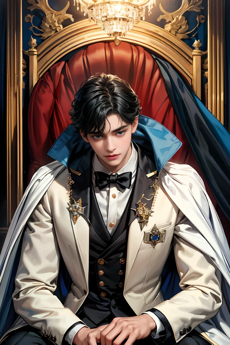 masterpiece, 最high quality, high quality, 1 boy, alone, Male focus, Watching the audience, Messy black hair, Adorable big blue eyes, White, Noble, Noble,Sexy voluminous cape、Tuxedo、A very voluminous, large, very large, very large, long, long red and black cape with a high stand-up collar, reaching down to the floor, made of a lot of fabric., ,Cute beautiful boys,Cute, cute, kind, handsome guy