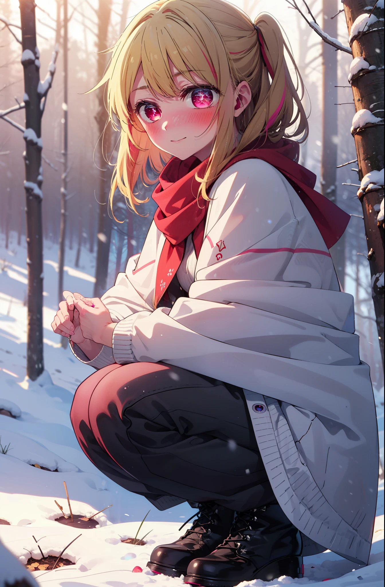 rubyhoshino, Hoshino Ruby, Long Hair, bangs, Blonde Hair, (Pink Eyes:1.3), Side Lock, (Symbol-shaped pupil:1.5), Multicolored Hair, Two-tone hair, smile,,smile,blush,White Breath,
Open your mouth,snow,Ground bonfire, Outdoor, boots, snowing, From the side, wood, suitcase, Cape, Blurred, , forest, White handbag, nature, Squat, Mouth closed, Cape, winter, Written boundary depth, Black shoes, red Cape break looking at viewer, Upper Body, whole body, break Outdoor, forest, nature, break (masterpiece:1.2), highest quality, High resolution, unity 8k wallpaper, (shape:0.8), (Beautiful and beautiful eyes:1.6), Highly detailed face, Perfect lighting, Highly detailed CG, (Perfect hands, Perfect Anatomy),