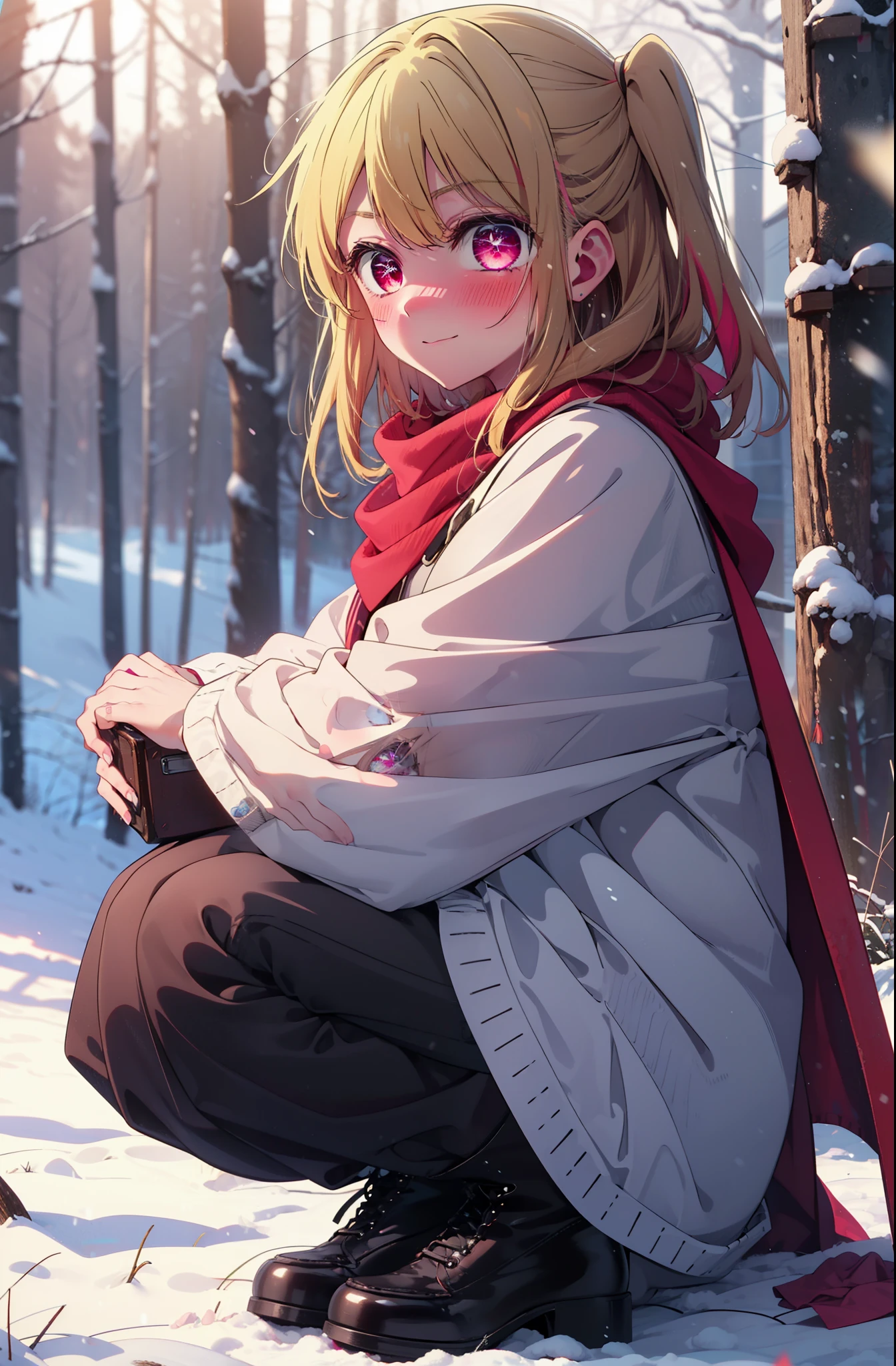 rubyhoshino, Hoshino Ruby, Long Hair, bangs, Blonde Hair, (Pink Eyes:1.3), Side Lock, (Symbol-shaped pupil:1.5), Multicolored Hair, Two-tone hair, smile,,smile,blush,White Breath,
Open your mouth,snow,Ground bonfire, Outdoor, boots, snowing, From the side, wood, suitcase, Cape, Blurred, , forest, White handbag, nature, Squat, Mouth closed, Cape, winter, Written boundary depth, Black shoes, red Cape break looking at viewer, Upper Body, whole body, break Outdoor, forest, nature, break (masterpiece:1.2), highest quality, High resolution, unity 8k wallpaper, (shape:0.8), (Beautiful and beautiful eyes:1.6), Highly detailed face, Perfect lighting, Highly detailed CG, (Perfect hands, Perfect Anatomy),