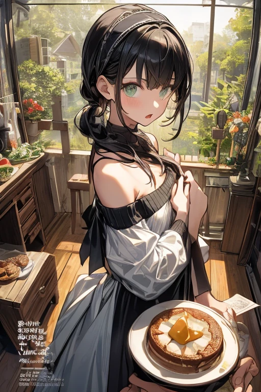 (small breasts:1.3), (perky chest:1.1), (pointed chest:1.0), (Pudding cake magazine cover:1.3),(from above:1.0),(from side:0.9),masterpiece, 1girl, Amazing Cleavage:1.1, thin waist, big ass, Raised sexy, small breast: 1.3, posed cleavage:1.2、solo, looking at viewer, open mouth, have a cute grass of cute beergrass,black hair, dark green eyes, dress, bare shoulders, jewelry, collarbone, sidelocks, hairband, earrings, indoors, off shoulder, :o, sweater, arms behind back, plant, short hair with long locks, gild hairband, off-shoulder dress, sweater dress, off-shoulder sweater, red sweater, dark gord hair, big side hair, very long side hair,is rendered in (masterpiece: 1.2, best quality), with (ultra high resolution) and an exquisite (depth of field). This masterpiece is not only visually stunning but also tells,A scene of cooking in the kitchen by classroom