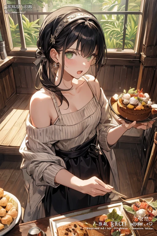 (small breasts:1.3), (perky chest:1.1), (pointed chest:1.0), (Pudding cake magazine cover:1.3)，(from above:1.0),(from side:0.9),masterpiece, 1girl, Amazing Cleavage:1.1, thin waist, big ass, Raised sexy, small breast: 1.3, posed cleavage:1.2、solo, looking at viewer, open mouth, have a cute grass of cute beergrass,black hair, dark green eyes, dress, bare shoulders, jewelry, collarbone, sidelocks, hairband, earrings, indoors, off shoulder, :o, sweater, arms behind back, plant, short hair with long locks, gild hairband, off-shoulder dress, sweater dress, off-shoulder sweater, red sweater, dark gord hair, big side hair, very long side hair,is rendered in (masterpiece: 1.2, best quality), with (ultra high resolution) and an exquisite (depth of field). This masterpiece is not only visually stunning but also tells,A scene of cooking in the kitchen by classroom
