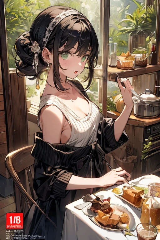 (small breasts:1.3), (perky chest:1.1), (pointed chest:1.0), (Pudding cake magazine cover:1.3),(from above:1.0),(from side:0.9),masterpiece, 1girl, Amazing Cleavage:1.1, thin waist, big ass, Raised sexy, small breast: 1.3, posed cleavage:1.2、solo, looking at viewer, open mouth, have a cute grass of cute beergrass,black hair, dark green eyes, dress, bare shoulders, jewelry, collarbone, sidelocks, hairband, earrings, indoors, off shoulder, :o, sweater, arms behind back, plant, short hair with long locks, gild hairband, off-shoulder dress, sweater dress, off-shoulder sweater, red sweater, dark gord hair, big side hair, very long side hair,is rendered in (masterpiece: 1.2, best quality), with (ultra high resolution) and an exquisite (depth of field). This masterpiece is not only visually stunning but also tells,A scene of cooking in the kitchen by classroom