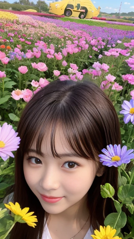 There is a kind face in the middle of the flower、Disney's Worldview、Cute Flowers、Surrounded by a variety of colorful flower fields、Shiny long hair、beautiful、Cute eyes、