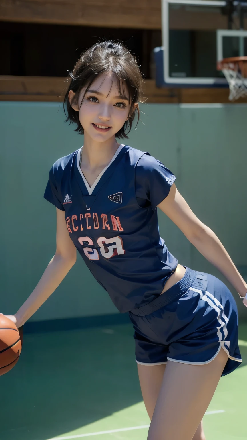 ((face the front of the camera:2.0)), (Clothing:2.0, Basketball Uniform:2.0, Shorts:2.0), (Indoor basketball court:1.5), (Wet:1.5), ((A grin:1.2, short hair:1.2, slender:1.5, Small Ass:1.5)), ((Japanese, 1 Girl, 18-year-old, 7 heads, Ideal body proportions, Black Hair, With bangs, Small breasts, Erect nipples, slender, Small Ass, Beautiful feet, Skinny Legs)), Surrealism, Cinematic Lighting, Depth of written boundary, First Person View, Boobs F/1.8, 135mm, Ticker, Mastepiece, Curate, ((Anatomically correct:1.3)), Textured skin, Super Detail, High detail, High quality, Awards, Best Quality, High resolution, 8K