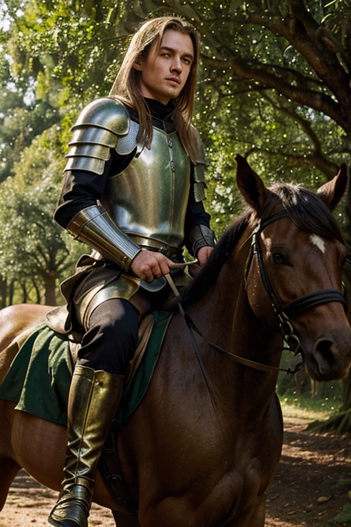 A medieval knight a man, Sir Edwin, riding through a dense Sherwood forest at dusk. He spots a hooded figure next to a large oak tree. The figure reveals herself to be a young woman with golden hair and green eyes.