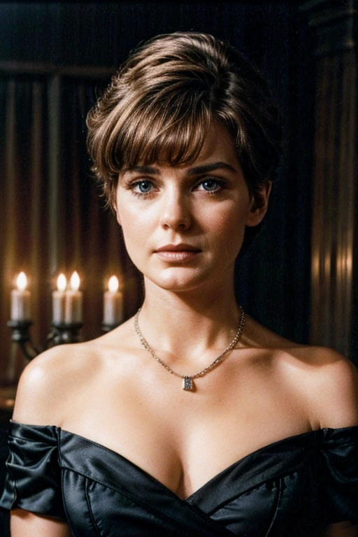 hyperrealistic photo of an attractive woman, looking at viewer, circa 1880s, industrial revolution era, dark room, noreen corcoran, short hair, old vintage movie scene, grainy film, vintage hollywood film, jewelry, necklace, off-shoulder black dress, huge cleavage, dim lighting, film grain, movie still, movie screenshot