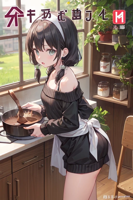 (small breasts:1.3), (perky chest:1.1), (pointed chest:1.0), (Pudding cake magazine cover:1.3),(from above:1.0),(from side:0.9),masterpiece, 1girl, Amazing Cleavage:1.1, thin waist, big ass, Raised sexy, small breast: 1.3, posed cleavage:1.2、solo, looking at viewer, open mouth, have a cute grass of cute beergrass,black hair, dark green eyes, dress, bare shoulders, jewelry, collarbone, sidelocks, hairband, earrings, indoors, off shoulder, :o, sweater, arms behind back, plant, short hair with long locks, gild hairband, off-shoulder dress, sweater dress, off-shoulder sweater, red sweater, dark gord hair, big side hair, very long side hair,is rendered in (masterpiece: 1.2, best quality), with (ultra high resolution) and an exquisite (depth of field). This masterpiece is not only visually stunning but also tells,A scene of cooking in the kitchen by classroom