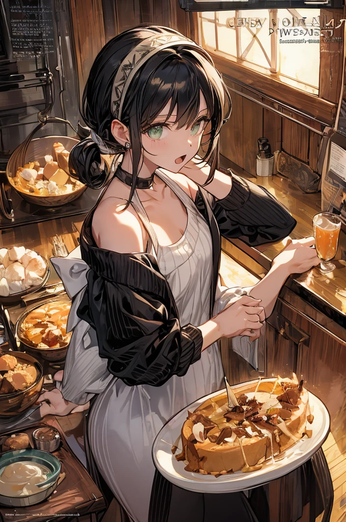 (small breasts:1.3), (perky chest:1.1), (pointed chest:1.0), (Pudding cake magazine cover:1.3)，(from above:1.0),(from side:0.9),masterpiece, 1girl, Amazing Cleavage:1.1, thin waist, big ass, Raised sexy, small breast: 1.3, posed cleavage:1.2、solo, looking at viewer, open mouth, have a cute grass of cute beergrass,black hair, dark green eyes, dress, bare shoulders, jewelry, collarbone, sidelocks, hairband, earrings, indoors, off shoulder, :o, sweater, arms behind back, plant, short hair with long locks, gild hairband, off-shoulder dress, sweater dress, off-shoulder sweater, red sweater, dark gord hair, big side hair, very long side hair,is rendered in (masterpiece: 1.2, best quality), with (ultra high resolution) and an exquisite (depth of field). This masterpiece is not only visually stunning but also tells,A scene of cooking in the kitchen by classroom