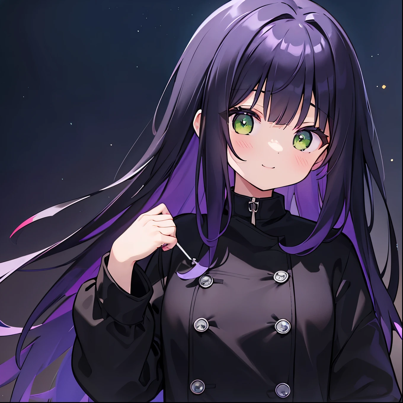 highest quality, masterpiece,Black dark blue hair, Fluorescent yellow-green eyes,Big eyes,Black clothes, Long sleeve、Black anorak parka、Front Angle、Gazing at the audience、Upper Body,hair,Fair skin,長いhair、Purple hair tips、highest quality、最高masterpiece、smile、長いhair、Purple hair tips、Plain black clothing、Night sky background、Dark Background、Perfect Face、Cute Face