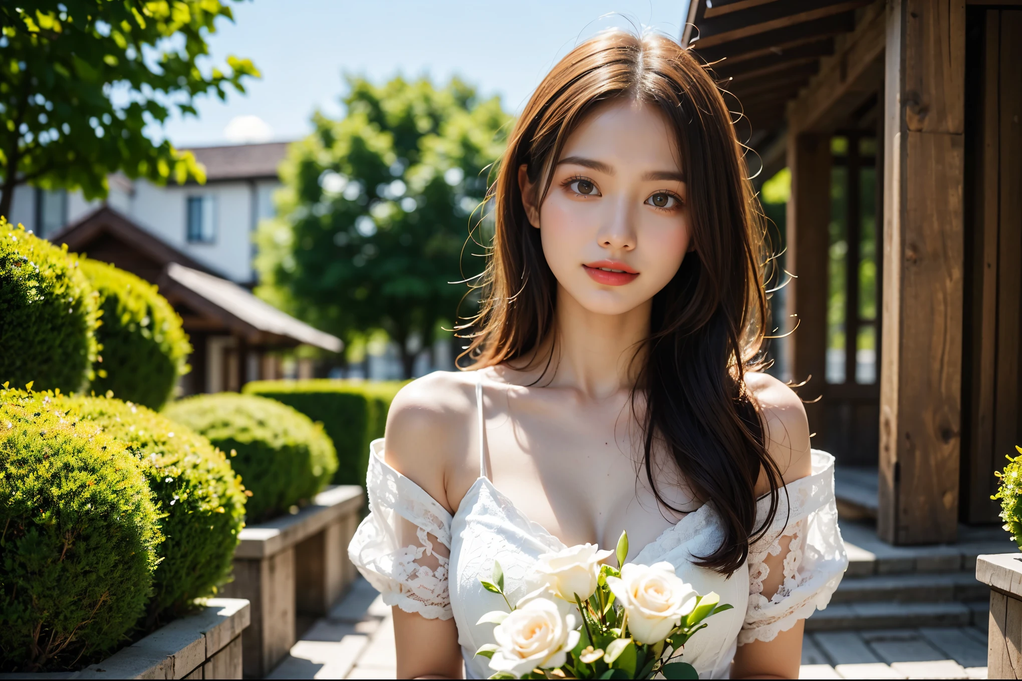 High resolution, high quality, super detailed. A woman is holding a bouquet of flowers. She is young and lively, with medium light brown hair and a very distinctive smile. The background is a gentle hill, a paradise like a bouquet, and above it is a rainbow in the clear sky with sunlight. Everything you see is mesmerizing and very soothing. A rare photo, the perspective of her and the scene is perfect, a perfection that even a professional photographer could only capture once in a lifetime.