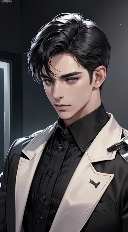 (best quality, masterpiece, 8K, photorealistic, cinematic lighting, 1:4 hdr image, ultra detailed, beautiful image), a mature man, very handsome, ((cold expression)), short black hair, black eyes, face perfect without mistakes, ((buttoning his jacket, CEO))