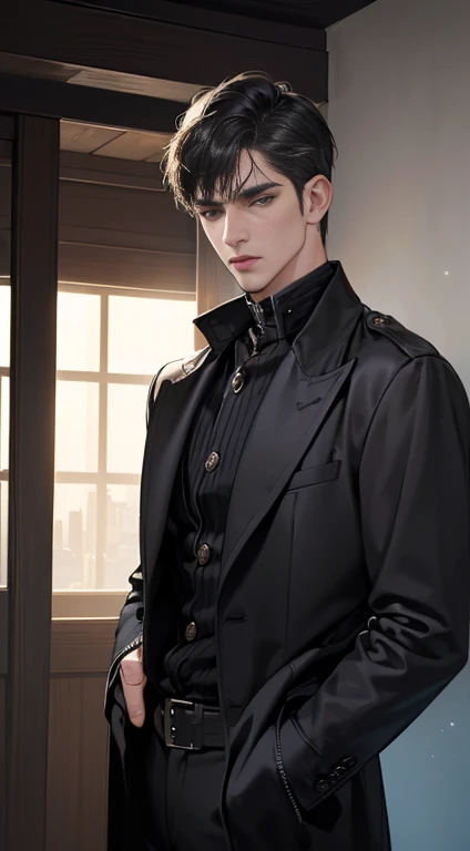 (best quality, masterpiece, 8 thousand, realistic, cinematic lighting, 1:4 HDR images, very detailed, beautiful photoature man, very handsome, ((cold expression)), black short hair, black eye, A perfect face without any mistakes, ((Buttoning my jacket, chief executive))