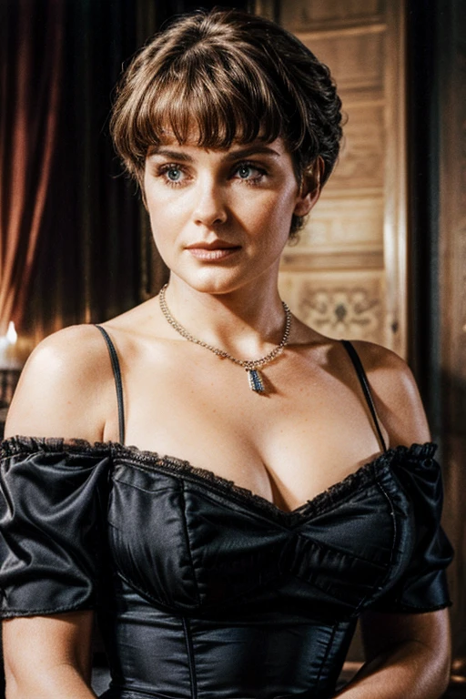 hyperrealistic photo of an attractive woman, looking at viewer, circa 1880s, industrial revolution era, dark room, noreen corcoran, short hair, old vintage movie scene, grainy film, vintage hollywood film, jewelry, necklace, (off-shoulder black dress), ((huge cleavage)), dim lighting, film grain, movie still, movie screenshot