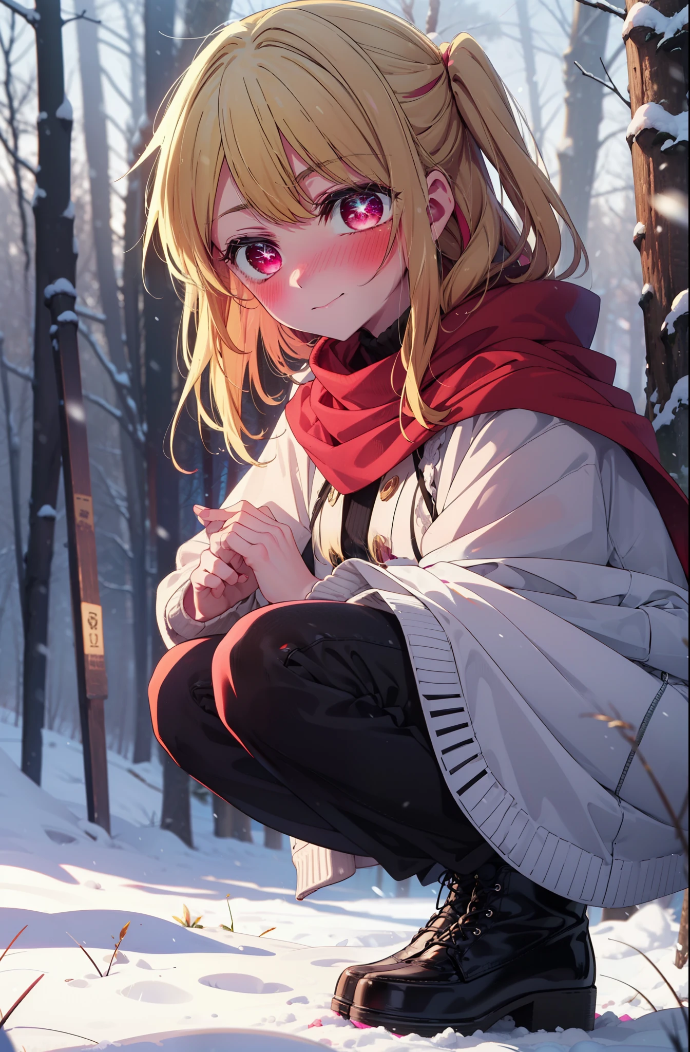 rubyhoshino, Hoshino Ruby, Long Hair, bangs, Blonde Hair, (Pink Eyes:1.3), Side Lock, (Symbol-shaped pupil:1.5), Multicolored Hair, Two-tone hair, smile,,smile,blush,White Breath,
Open your mouth,snow,Ground bonfire, Outdoor, boots, snowing, From the side, wood, suitcase, Cape, Blurred, , forest, White handbag, nature, Squat, Mouth closed, Cape, winter, Written boundary depth, Black shoes, red Cape break looking at viewer, Upper Body, whole body, break Outdoor, forest, nature, break (masterpiece:1.2), highest quality, High resolution, unity 8k wallpaper, (shape:0.8), (Beautiful and beautiful eyes:1.6), Highly detailed face, Perfect lighting, Highly detailed CG, (Perfect hands, Perfect Anatomy),