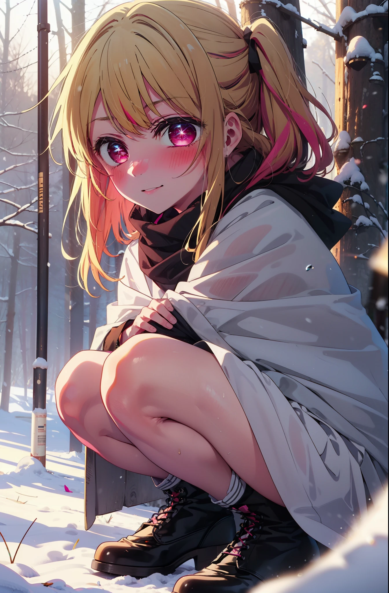 rubyhoshino, Hoshino Ruby, Long Hair, bangs, Blonde Hair, (Pink Eyes:1.3), Side Lock, (Symbol-shaped pupil:1.5), Multicolored Hair, Two-tone hair, smile,,smile,blush,White Breath,
Open your mouth,snow,Ground bonfire, Outdoor, boots, snowing, From the side, wood, suitcase, Cape, Blurred, , forest, White handbag, nature, Squat, Mouth closed, Cape, winter, Written boundary depth, Black shoes, red Cape break looking at viewer, Upper Body, whole body, break Outdoor, forest, nature, break (masterpiece:1.2), highest quality, High resolution, unity 8k wallpaper, (shape:0.8), (Beautiful and beautiful eyes:1.6), Highly detailed face, Perfect lighting, Highly detailed CG, (Perfect hands, Perfect Anatomy),