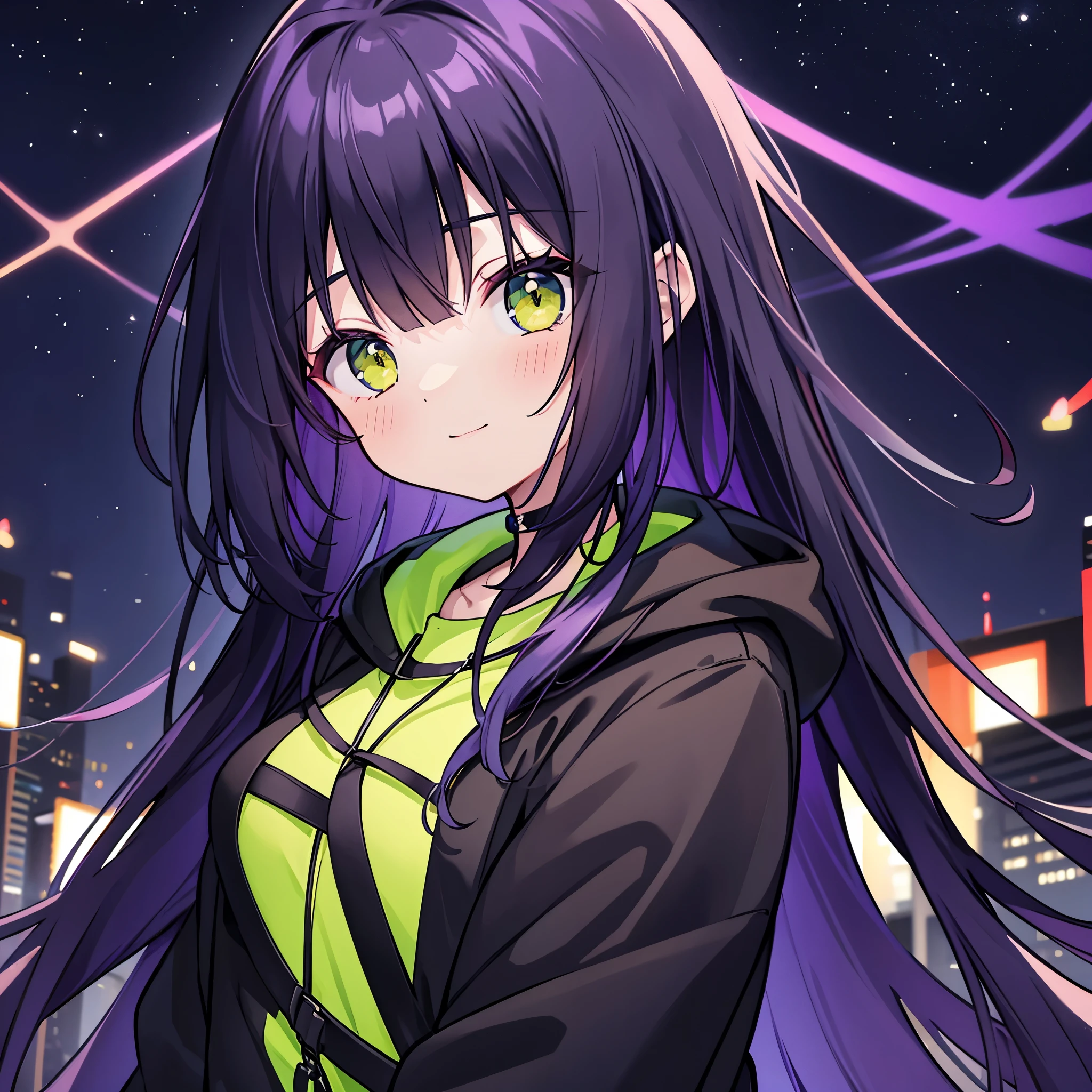 highest quality, masterpiece,Black dark blue hair, Fluorescent yellow-green eyes,Big eyes,Black clothes, Long sleeve、Black anorak parka、Front Angle、Gazing at the audience、Upper Body,hair,Fair skin,長いhair、Purple hair tips、highest quality、最高masterpiece、smile、長いhair、Purple hair tips、Plain black clothing、Night sky background、Dark Background、Perfect Face、Cute Face