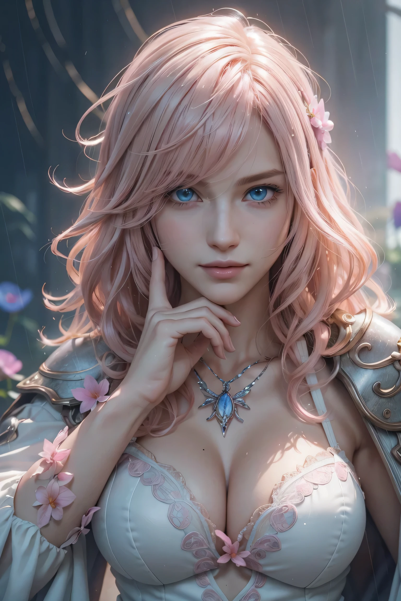 Thunder,Final Fantasy,Pink Blonde,Medium Hair,Lightly permed hair,Curly hair on one side,Let your bangs down,Beautiful Blue Eyes,Beautiful and tall nose,Ultra HD,super high quality,masterpiece,Digital SLR,Photorealistic,Detailed details,Vivid details,Depicted in detail,A detailed face,Detailed details,Super Detail,Realistic skin texture,Anatomical basis,Perfect Anatomy,Anatomically correct hand,Anatomically correct fingers,Complex 3D rendering,Sexy pose,,Beautiful morning glory(flower),Rainy Sky,Beautiful scenery,Fantastic rainy sky,Picturesque,Pink Lips,smile,Fantastic butterflies々,