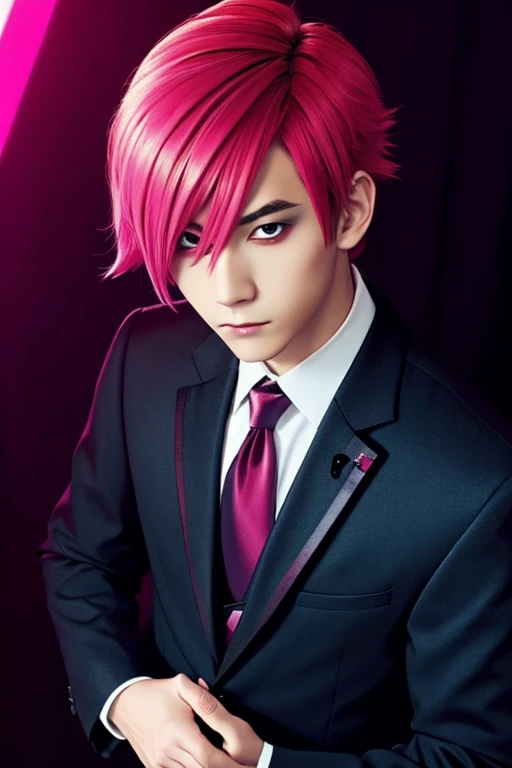 Japanese 1boy, makeup, fluffy hair,  black jacket, dutch angle, formal, jacket, looking at viewer, male focus, necktie, pink hair, red hair, shirt, short hair, solo, suit, upper body, visual kei, punk,
