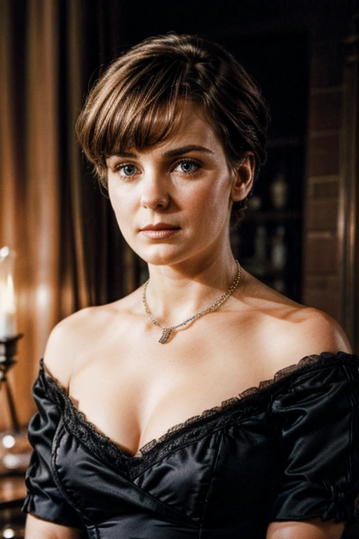 hyperrealistic photo of an attractive woman, looking at viewer, circa 1880s, industrial revolution era, dark room, (noreen corcoran), short hair, old vintage movie scene, grainy film, vintage hollywood film, jewelry, necklace, off-shoulder black dress, huge cleavage, dim lighting, film grain, movie still, movie screenshot