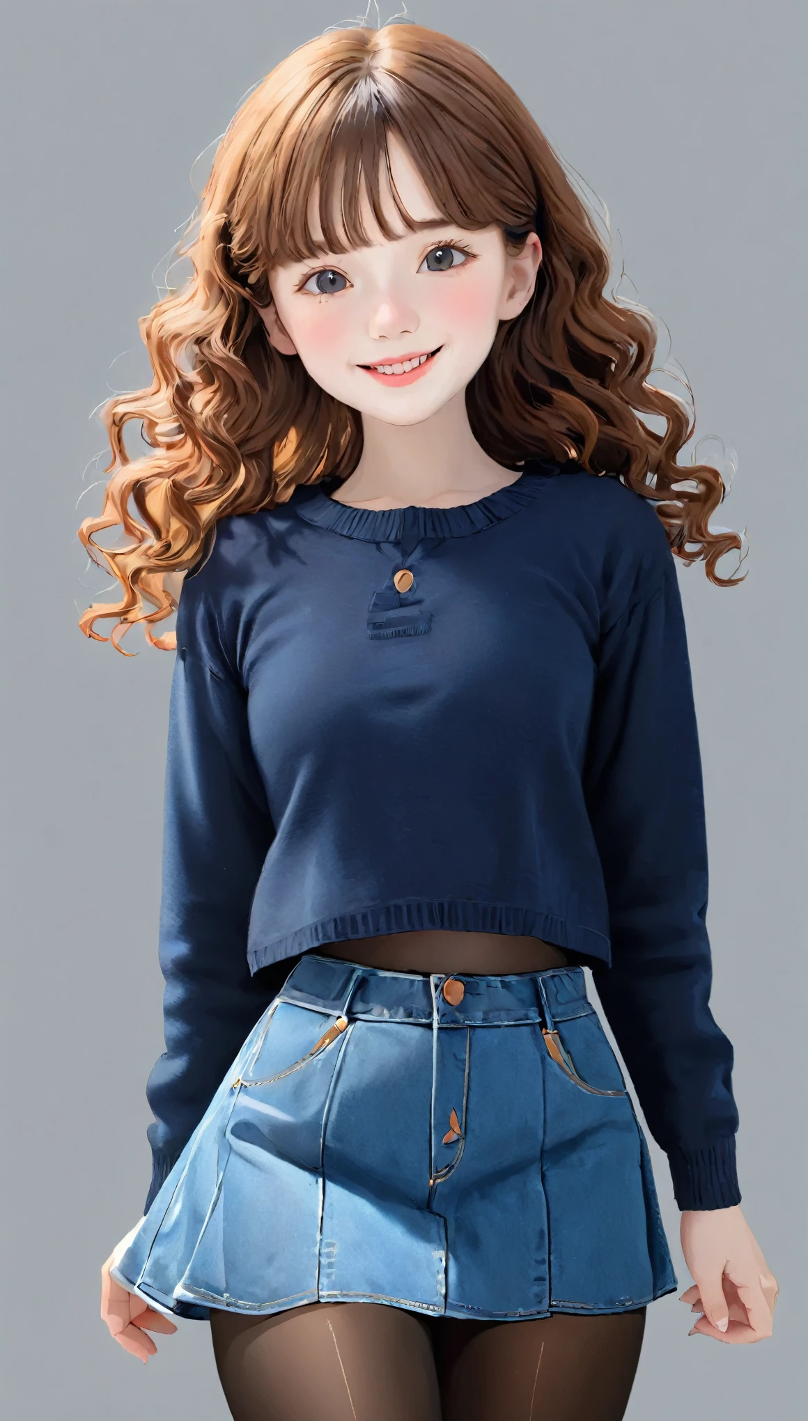 4K, masterpiece, 8k, high quality, 最high quality,10歳のcute少等生, Very white skin, long brown curly hair，a bit，Low length，freckles，Thick eyebrows，Blunt bangs，(Flat Chest) ，feminine, freckles, Tilt, elegant, elegant, cute, smile, cute, Hilarious, belly button, Denim Low Rise Mini Skirt, ((Black Pantyhose)), (Ugly clothes)、((Gray background))