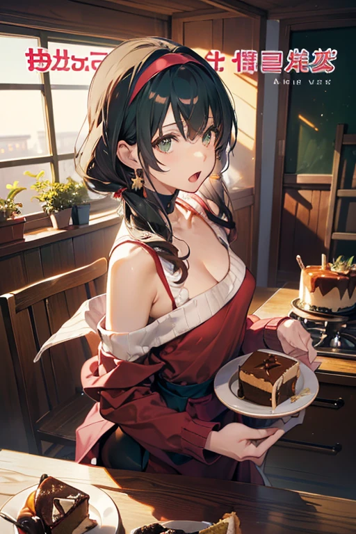 (small breasts:1.3), (perky chest:1.1), (pointed chest:1.0), (Pudding cake magazine cover:1.3)，(from above:1.0),(from side:0.9),masterpiece, 1girl, Amazing Cleavage:1.1, thin waist, big ass, Raised sexy, small breast: 1.3, posed cleavage:1.2、solo, looking at viewer, open mouth, have a cute grass of cute beergrass,black hair, dark green eyes, dress, bare shoulders, jewelry, collarbone, sidelocks, hairband, earrings, indoors, off shoulder, :o, sweater, arms behind back, plant, short hair with long locks, gild hairband, off-shoulder dress, sweater dress, off-shoulder sweater, red sweater, dark gord hair, big side hair, very long side hair,is rendered in (masterpiece: 1.2, best quality), with (ultra high resolution) and an exquisite (depth of field). This masterpiece is not only visually stunning but also tells,A scene of cooking in the kitchen by classroom
