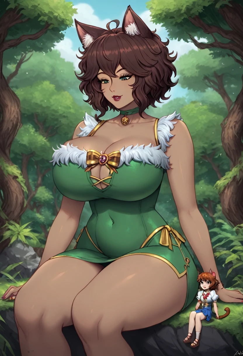 (2girls: 1.6), (height difference: 1.5), (size difference: 1.4), (giantess:1.1), a giantess looking down at a tiny woman, a giantess towering over a tiny woman, a tiny woman in the legs of a giantess, (brown skinned: 1.1), cute fantasy fancy robe, (fluffy ears), (short hair with long bangs), (catgirl), (messy hair), (very tall and mature: 1.2), (forest jungle: 1.1), sitting big thighs, tiny woman sitting a giantess lap