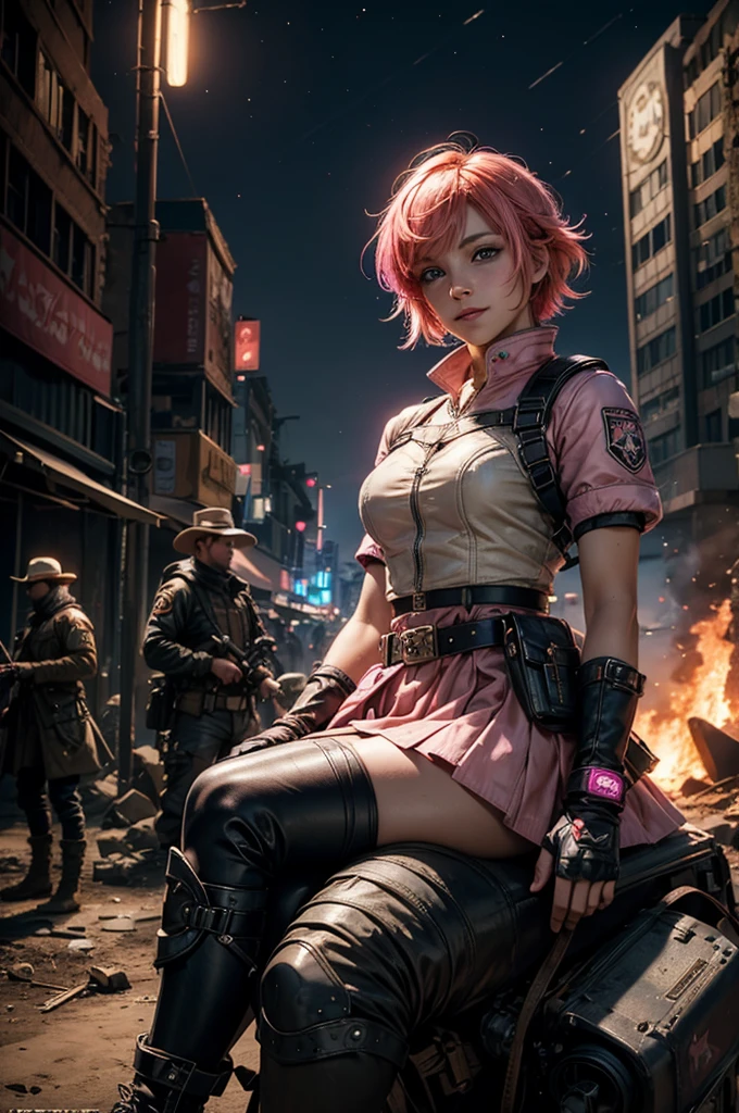 1girl,cowboy shot, beautiful nora_valkyrie, looking at viewer, smile, short hair, blue eyes, heart cutout, gloves, jacket, pink skirt, pink belt, short sleeves, puffy sleeves, single armband, fingerless gloves, short hair, orange hair, pink gloves, dynamic pose, night, lightning, sitting on river edge, river, post-apocalypse, dystopian future, crowd, (crowd in military uniforms), bonfires, (volumetric lighting), best quality, masterpiece, intricate details, tonemapping, sharp focus, hyper detailed, trending on Artstation,