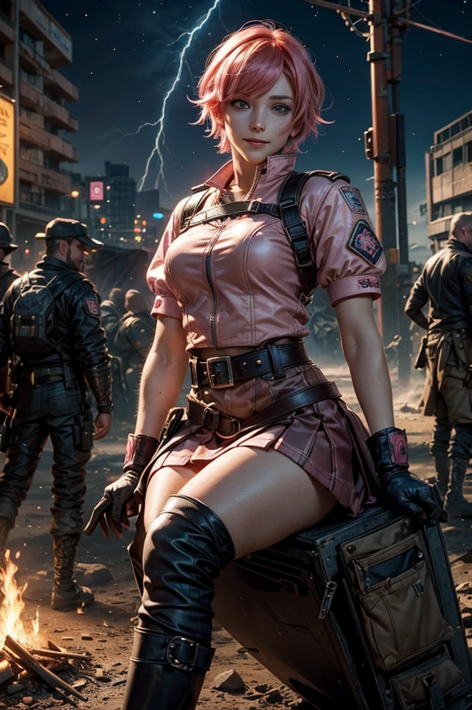 1girl,cowboy shot, beautiful nora_valkyrie, looking at viewer, smile, short hair, blue eyes, heart cutout, gloves, jacket, pink skirt, pink belt, short sleeves, puffy sleeves, single armband, fingerless gloves, short hair, orange hair, pink gloves, dynamic pose, night, lightning, sitting on river edge, river, post-apocalypse, dystopian future, crowd, (crowd in military uniforms), bonfires, (volumetric lighting), best quality, masterpiece, intricate details, tonemapping, sharp focus, hyper detailed, trending on Artstation,