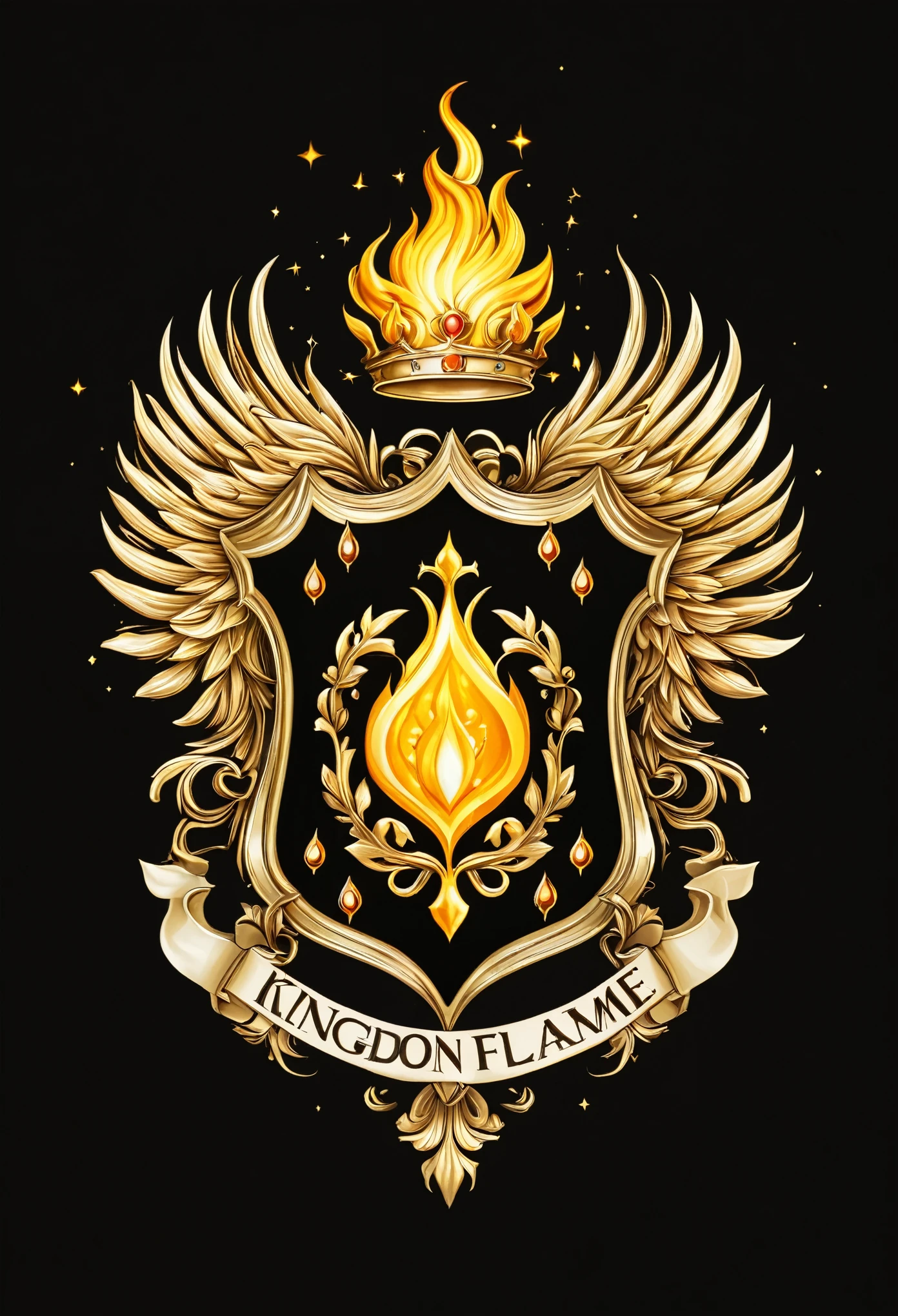 「Imaginary Kingdom『Light Flame』Create your own coat of arms。We would like the logo to include the following elements::
- Kingdom Name『Light Flame』- A bright and shining design that represents the kingdom's symbolism - Images of the sun and fire that represent the kingdom - Elegant fonts that express the kingdom's nobility and strength - Rich colors in the background that symbolize the kingdom's glory and victory」