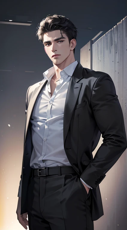 (best quality, masterpiece, 8K, photorealistic, cinematic lighting, 1:4 hdr image, ultra detailed, beautiful image), a mature man, very handsome, ((cold expression)), short black hair, black eyes, face perfect without mistakes, ((buttoning his jacket, CEO))