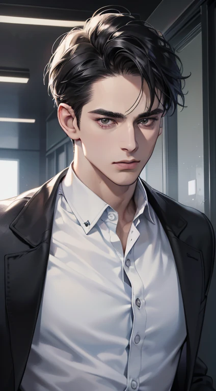 (best quality, masterpiece, 8K, photorealistic, cinematic lighting, 1:4 hdr image, ultra detailed, beautiful image), a mature man, very handsome, ((cold expression)), short black hair, black eyes, face perfect without mistakes, ((buttoning his jacket, CEO))