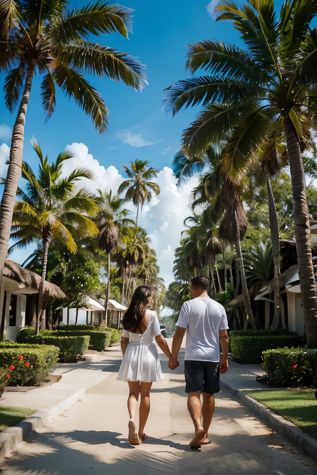 A couple holding hands, walking under a canopy of tall palm trees with the beach in the background --ar 2:3 --stylize 50