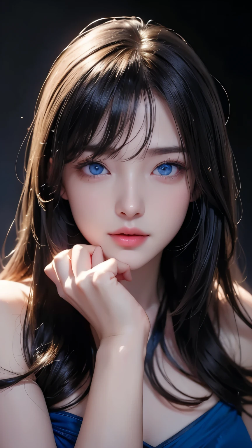 masterpiece, best quality, Super detailed, face camera, 複雑に詳細なSuper detailed, Practical, Distinctive features, Very detailed, Clear focus, Perfect face, Perfect face, Perfect eyes with perfect symmetry, Perfect plump lips, Flexible female form, Movie, lamp, Super detailed, hyper Practical, masterpiece, atmosphere, high resolution, energetic, 动态工作室lamp光, ((Dark background)), Endure the expression of happiness, Straight bangs, blue eyes,Topless、Expression of sexual arousal、Flat breasts
