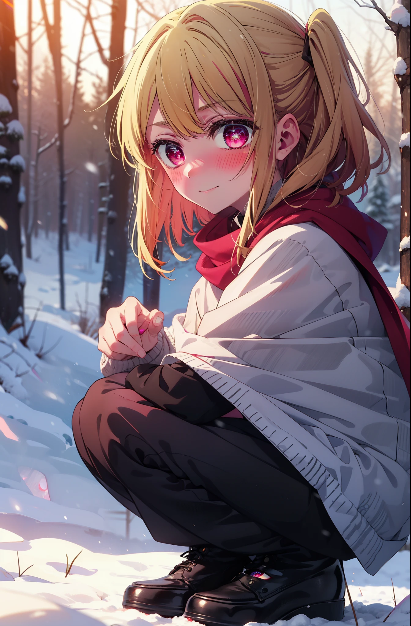 rubyhoshino, Hoshino Ruby, Long Hair, bangs, Blonde Hair, (Pink Eyes:1.3), Side Lock, (Symbol-shaped pupil:1.5), Multicolored Hair, Two-tone hair, smile,,smile,blush,White Breath,
Open your mouth,snow,Ground bonfire, Outdoor, boots, snowing, From the side, wood, suitcase, Cape, Blurred, , forest, White handbag, nature,  Squat, Mouth closed, Cape, winter, Written boundary depth, Black shoes, red Cape break looking at viewer, Upper Body, whole body, break Outdoor, forest, nature, break (masterpiece:1.2), highest quality, High resolution, unity 8k wallpaper, (shape:0.8), (Beautiful and beautiful eyes:1.6), Highly detailed face, Perfect lighting, Highly detailed CG, (Perfect hands, Perfect Anatomy),