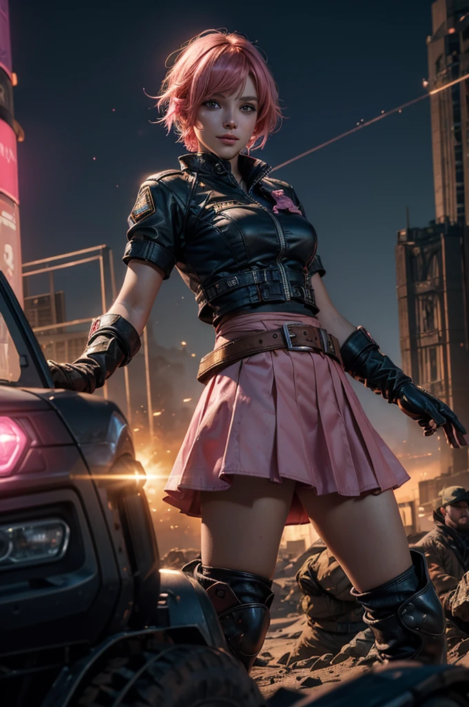  1girl,cowboy shot, beautiful nora_valkyrie, looking at viewer, smile, short hair, blue eyes, heart cutout, gloves,  jacket, pink skirt, pink belt, short sleeves, puffy sleeves, single armband, fingerless gloves, short hair, orange hair, pink gloves, dynamic pose, night, lightning, standing on old suspension bridge, river, post-apocalypse, dystopian future, crowd, (crowd in military uniforms), bonfires, (volumetric lighting), best quality, masterpiece, intricate details, tonemapping, sharp focus, hyper detailed, trending on Artstation,