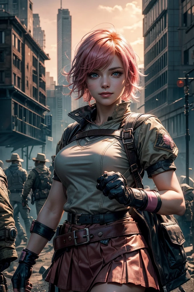  1girl,cowboy shot, beautiful nora_valkyrie, looking at viewer, smile, short hair, blue eyes, heart cutout, gloves,  jacket, pink skirt, pink belt, short sleeves, puffy sleeves, single armband, fingerless gloves, short hair, orange hair, pink gloves, dynamic pose, night, lightning, standing on old suspension bridge, river, post-apocalypse, dystopian future, crowd, (crowd in military uniforms), bonfires, (volumetric lighting), best quality, masterpiece, intricate details, tonemapping, sharp focus, hyper detailed, trending on Artstation,