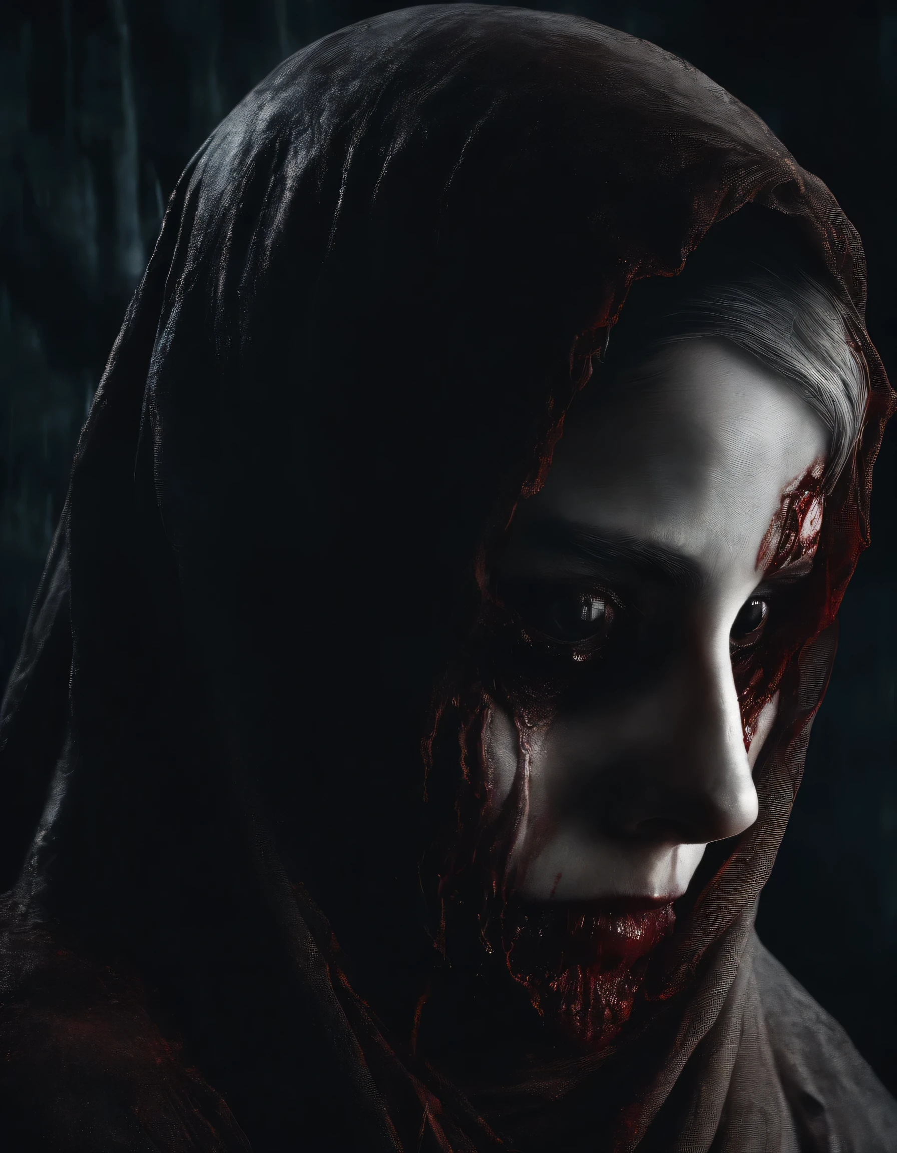 Close-up face of a ghost woman in hijab, scary bloody face, dirty torn red dress, standing on eerie bridge, (best quality,4k,8k,highres,masterpiece:1.2),ultra-detailed,(realistic,photorealistic,photo-realistic:1.37),horror,dark atmosphere,dramatic lighting,cinematic,moody colors,dramatic shadows,gloomy,haunting,unsettling