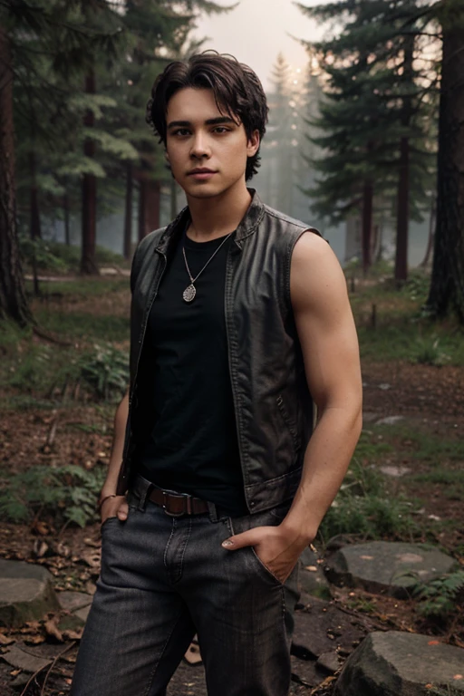 Khylin Rhambo, Mason Hewitt, Teen Wolf, 18 years old, short messy black hair, brown eyes, red t-shirt, sleeveless dark gray jean jacket with moon print, light brown jean pants, black combat boots. silver pendant, white wolf print. Forest background with fog aura around black color.