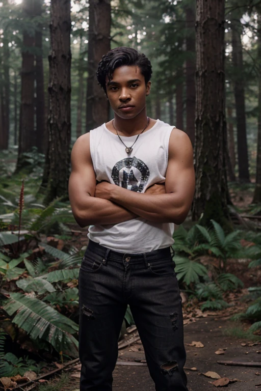 Khylin Rhambo, Mason Hewitt, Teen Wolf, 18 years old, short messy black hair, brown eyes, red t-shirt, sleeveless dark gray jean jacket with moon print, light brown jean pants, black combat boots. silver pendant, white wolf print. Forest background with fog aura around black color.