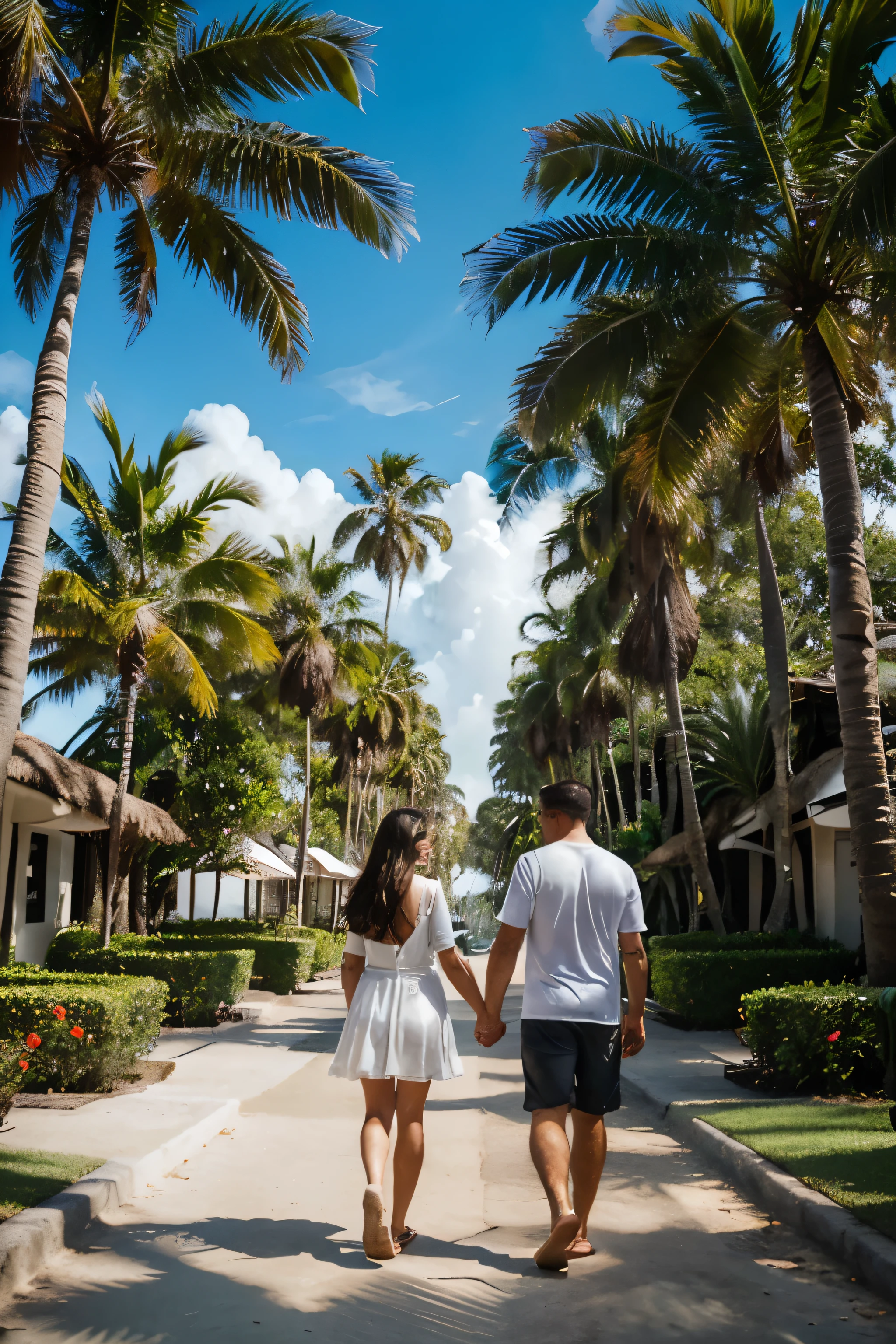 A couple holding hands, walking under a canopy of tall palm trees with the beach in the background --ar 2:3 --stylize 50