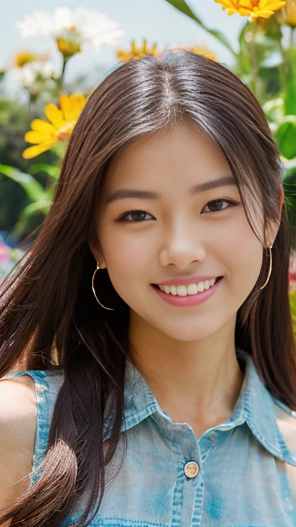 There is a kind face in the middle of the flower、Disney's Worldview、Cute Flowers、Surrounded by a variety of colorful flower fields、Shiny long hair、beautiful、Cute eyes、Cowboy Shot:1.3、