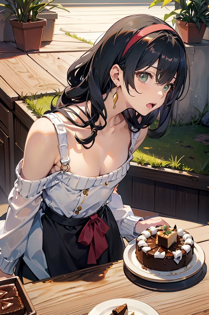 (small breasts:1.3), (perky chest:1.1), (pointed chest:1.0), (Pudding cake magazine cover:1.3)，(from above:1.0),(from side:0.9),masterpiece, 1girl, Amazing Cleavage:1.1, thin waist, big ass, Raised sexy, small breast: 1.3, posed cleavage:1.2、solo, looking at viewer, open mouth, have a cute grass of cute beergrass,black hair, dark green eyes, dress, bare shoulders, jewelry, collarbone, sidelocks, hairband, earrings, indoors, off shoulder, :o, sweater, arms behind back, plant, short hair with long locks, gild hairband, off-shoulder dress, sweater dress, off-shoulder sweater, red sweater, dark gord hair, big side hair, very long side hair,is rendered in (masterpiece: 1.2, best quality), with (ultra high resolution) and an exquisite (depth of field). This masterpiece is not only visually stunning but also tells,A scene of cooking in the kitchen by classroom