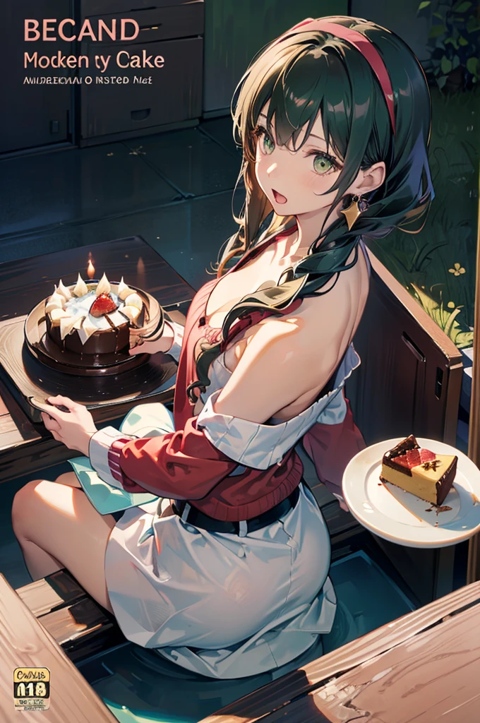 (small breasts:1.3), (perky chest:1.1), (pointed chest:1.0), (Pudding cake magazine cover:1.3)，(from above:1.0),(from side:0.9),masterpiece, 1girl, Amazing Cleavage:1.1, thin waist, big ass, Raised sexy, small breast: 1.3, posed cleavage:1.2、solo, looking at viewer, open mouth, have a cute grass of cute beergrass,black hair, dark green eyes, dress, bare shoulders, jewelry, collarbone, sidelocks, hairband, earrings, indoors, off shoulder, :o, sweater, arms behind back, plant, short hair with long locks, gild hairband, off-shoulder dress, sweater dress, off-shoulder sweater, red sweater, dark gord hair, big side hair, very long side hair,is rendered in (masterpiece: 1.2, best quality), with (ultra high resolution) and an exquisite (depth of field). This masterpiece is not only visually stunning but also tells,A scene of cooking in the kitchen by classroom