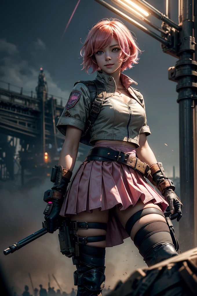 1girl,cowboy shot, beautiful nora_valkyrie, looking at viewer, smile, short hair, blue eyes, heart cutout, gloves, jacket, pink skirt, pink belt, short sleeves, puffy sleeves, single armband, fingerless gloves, short hair, orange hair, pink gloves, dynamic pose, night, lightning, standing on old suspension bridge, river, post-apocalypse, dystopian future, crowd, (crowd in military uniforms), bonfires, (volumetric lighting), best quality, masterpiece, intricate details, tonemapping, sharp focus, hyper detailed, trending on Artstation,