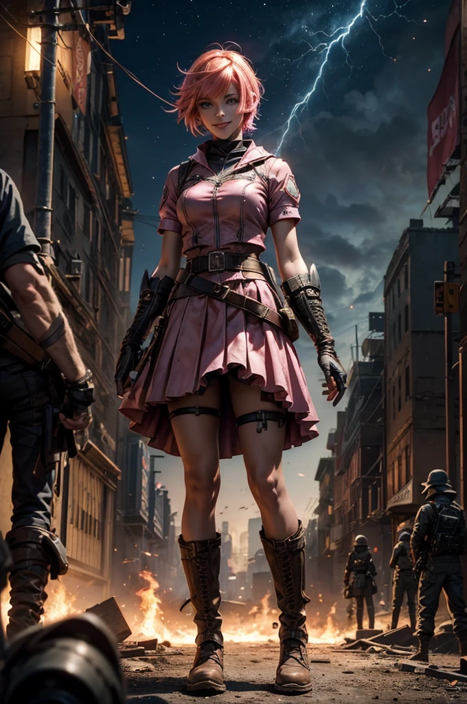 1girl,cowboy shot, beautiful nora_valkyrie, looking at viewer, smile, short hair, blue eyes, heart cutout, gloves, jacket, pink skirt, pink belt, short sleeves, puffy sleeves, single armband, fingerless gloves, short hair, orange hair, pink gloves, dynamic pose, night, lightning, standing on old suspension bridge, river, post-apocalypse, dystopian future, crowd, (crowd in military uniforms), bonfires, (volumetric lighting), best quality, masterpiece, intricate details, tonemapping, sharp focus, hyper detailed, trending on Artstation,
