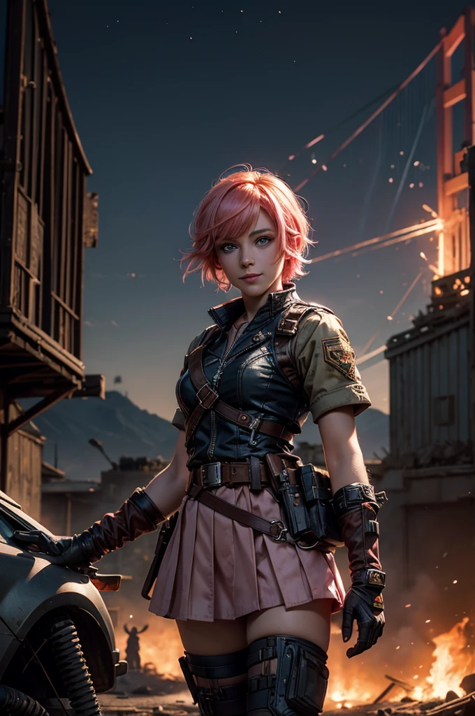  1girl,cowboy shot, beautiful nora_valkyrie, looking at viewer, smile, short hair, blue eyes, heart cutout, gloves,  jacket, pink skirt, pink belt, short sleeves, puffy sleeves, single armband, fingerless gloves, short hair, orange hair, pink gloves, dynamic pose, night, lightning, standing on old suspension bridge, river, post-apocalypse, dystopian future, crowd, (crowd in military uniforms), bonfires, (volumetric lighting), best quality, masterpiece, intricate details, tonemapping, sharp focus, hyper detailed, trending on Artstation,
