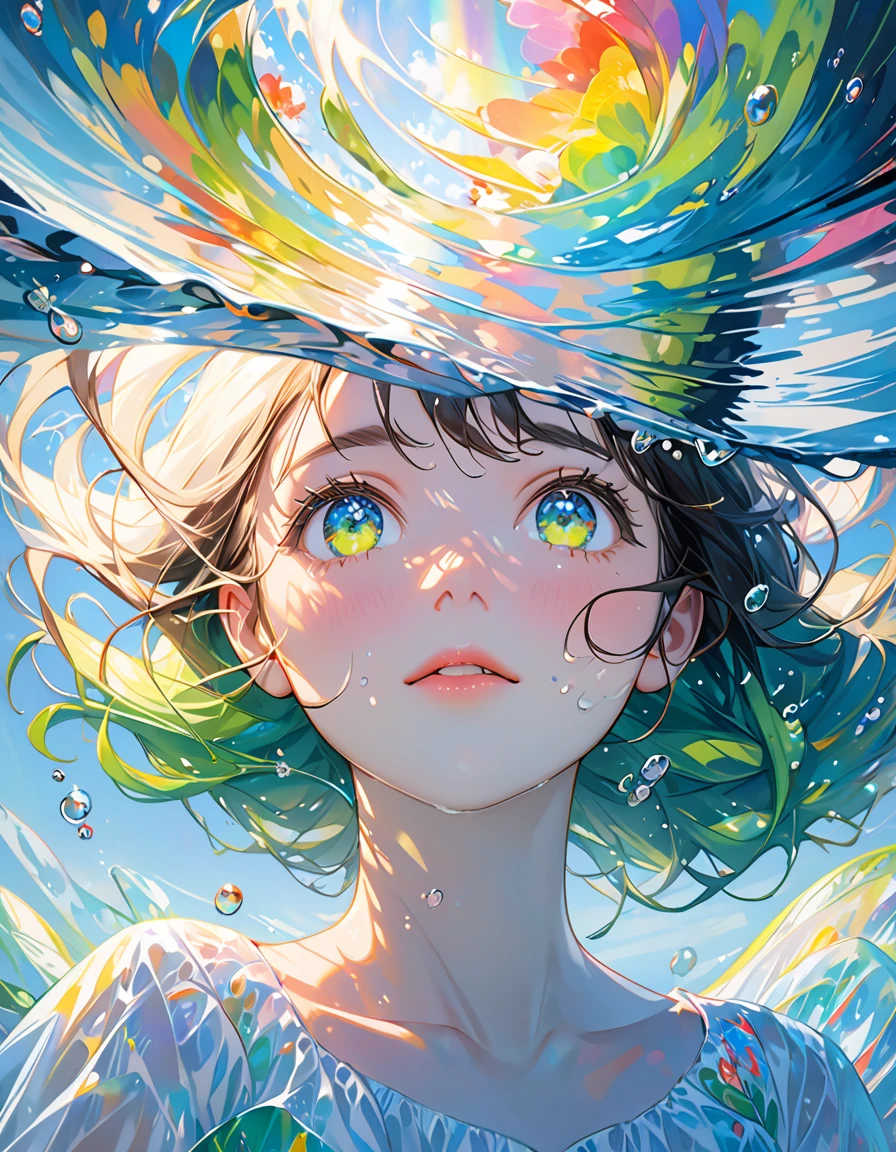 Girl swimming underwater,Ultra-detailed rendering style,shine,yellow,green,Brush,Surreal oil painting,Shining Eyes,Head close-up,Exaggerated perspective,Tyndall effect,Water Drop,Mother of pearl rainbow color,holographic white,Black background,